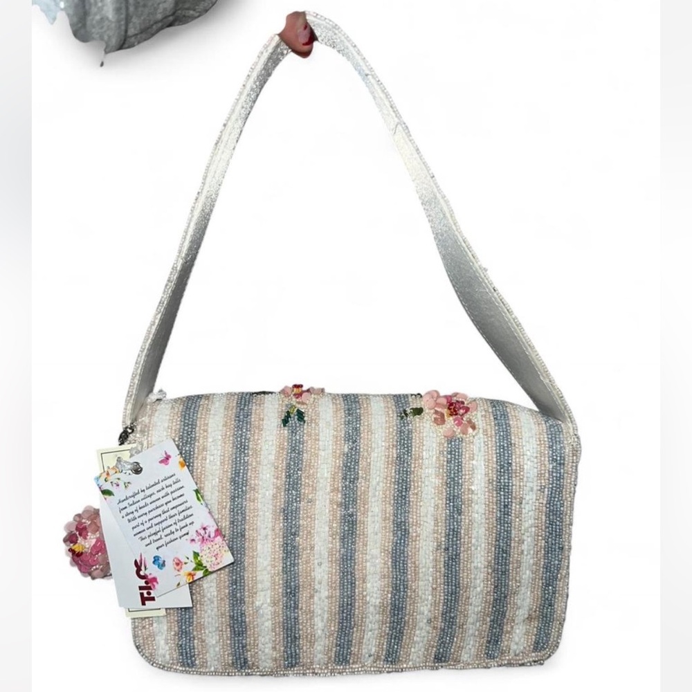 viral blue and pink stripped rose Floral beaded Shoulder Bag made in india - Picture 2 of 4